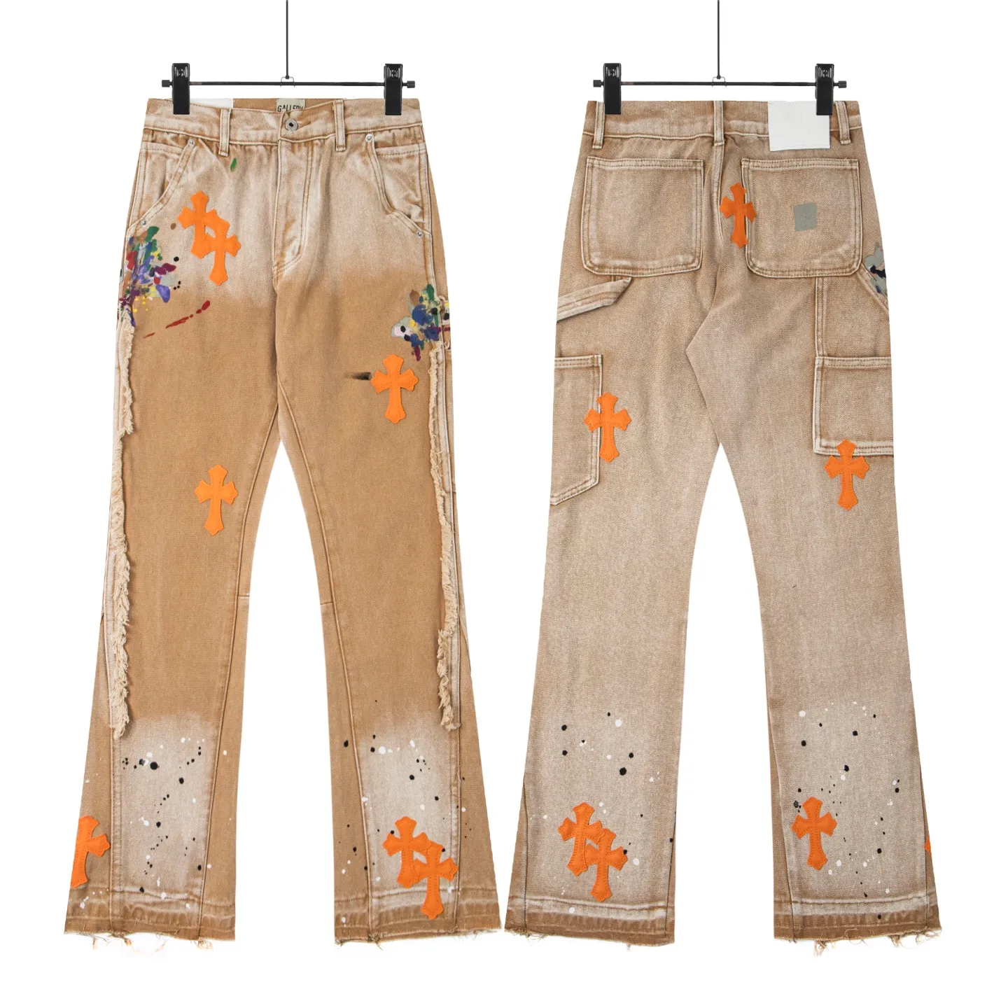 #8200 P260💰 Independent GALLERY DEPT. Vintage splash-ink splicing khaki orange cross loose washed flared jeans - truly restore the ultimate vintage texture - original hardware accessories washed and other elevators, QR code analysis are all purchased from the original factory, high degree of restoration, you are welcome to compare with certain products ~ - three-dimensional version Loose and comfortable, not picky about the figure, tall and slim, factory Seiko, original quality control, same style for men and women, can be matched with couples, versatile recommendation Essential jeans for all seasons - sizes: 28 30 32 34 36